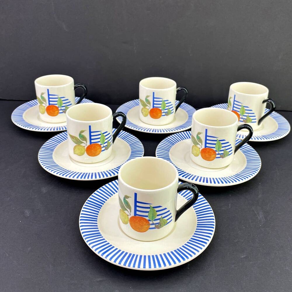 Set of 6 La Ronde Des Fruits Gien France Espresso Coffee Demi Cups Saucers
